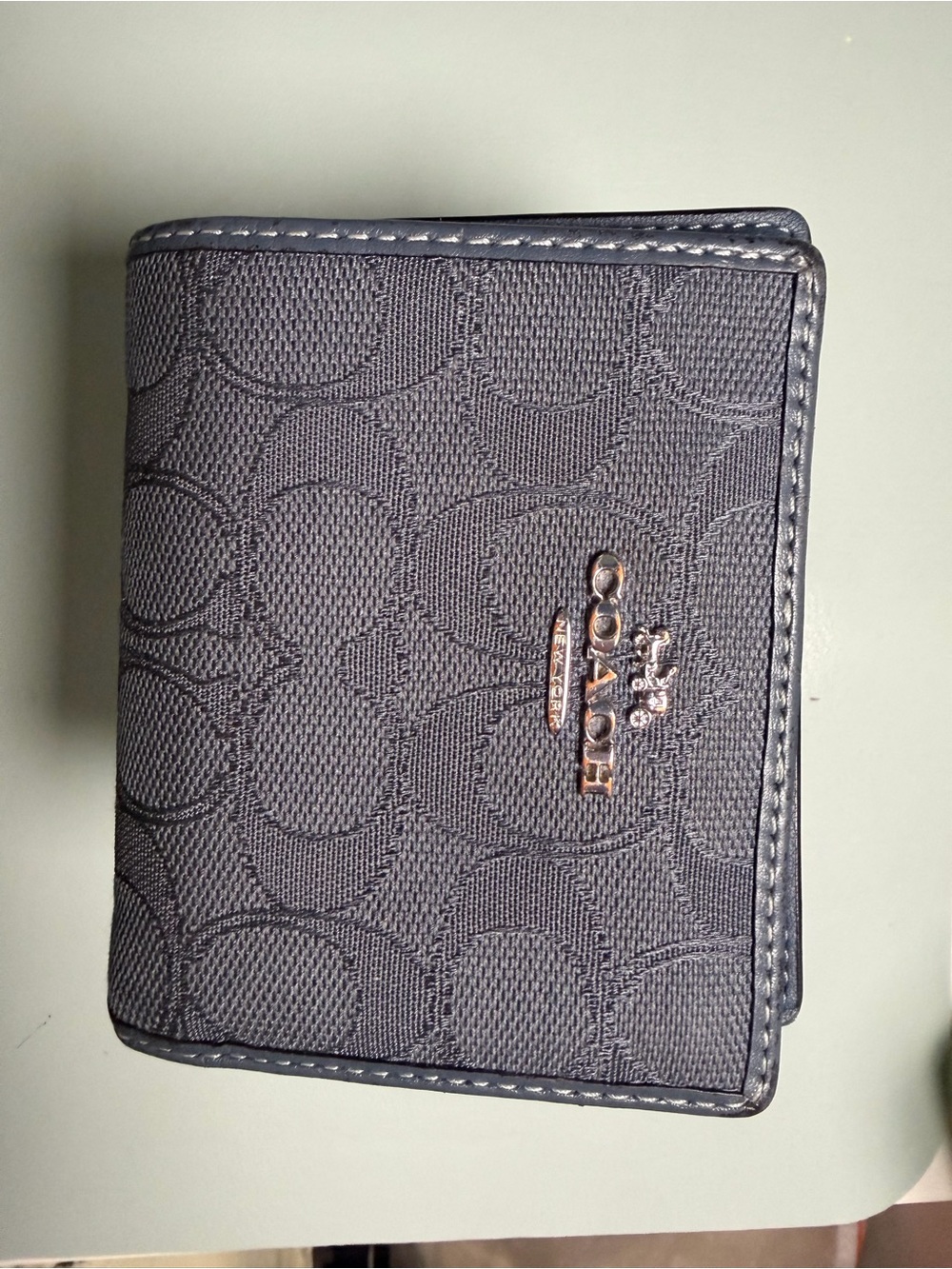 Coach Navy Signature Compact Trifold Wallet with Gold Logo
